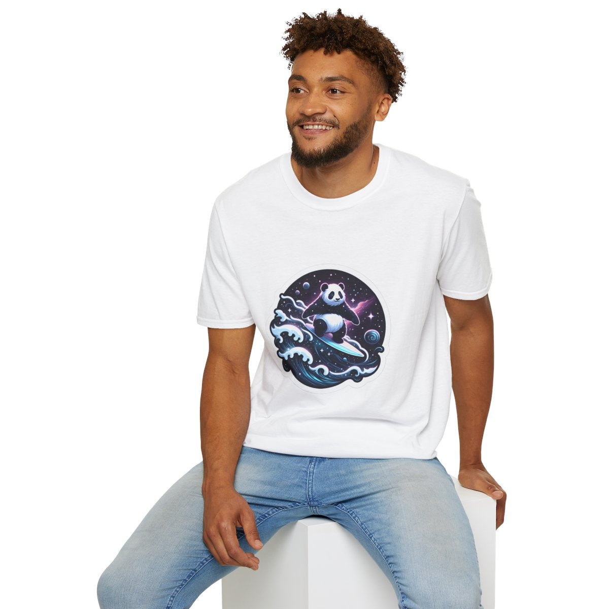 Digital Art T-Shirt - Magical Panda Surfing in space - Digital Art Style T-Shirt