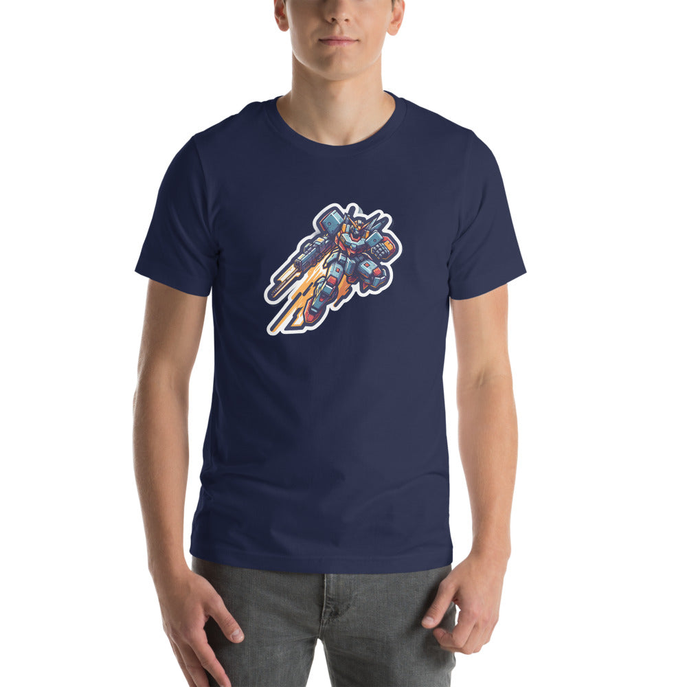Retro T-Shirt - Battle-scarred Warrior mech rocketing through the air - Retro Style T-Shirt