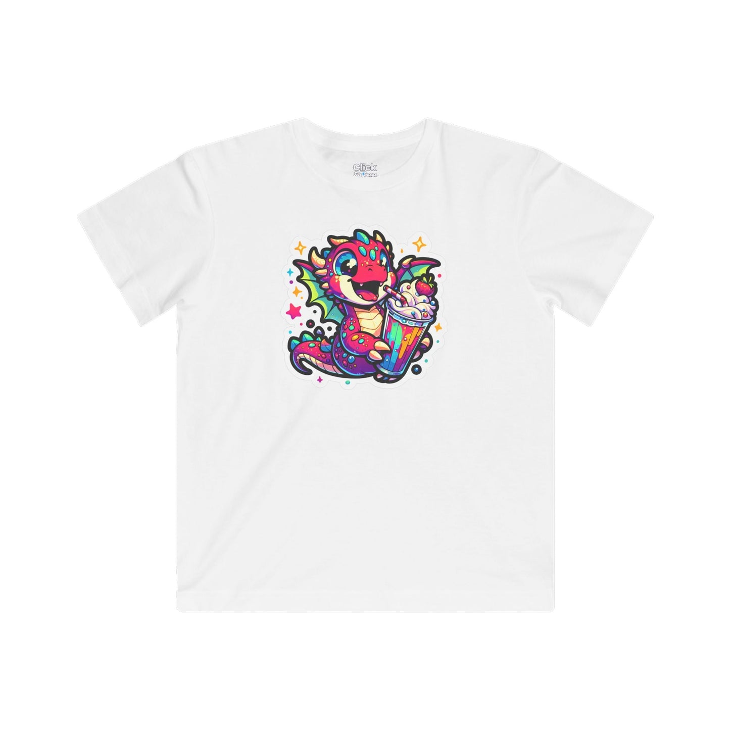 Kids Fantasy T-Shirt - Happy Dragon Drinking a Milkshake - Fantasy Style T-Shirt