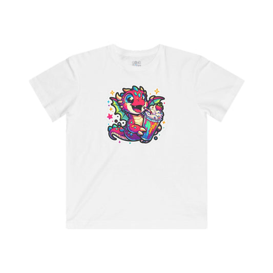Kids Fantasy T-Shirt - Happy Dragon Drinking a Milkshake - Fantasy Style T-Shirt
